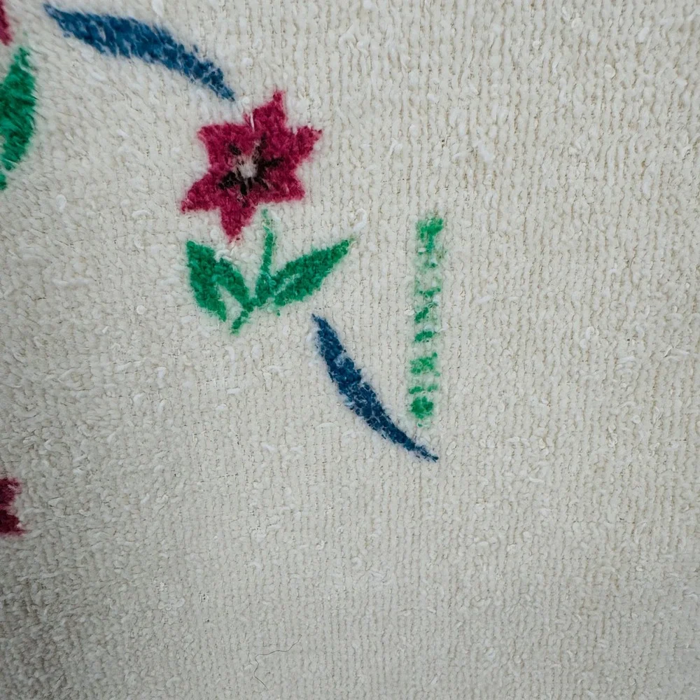 Vintage Franco Teddy Bear Floral Bath Towel Fringe Cream Made in USA Cottagecore